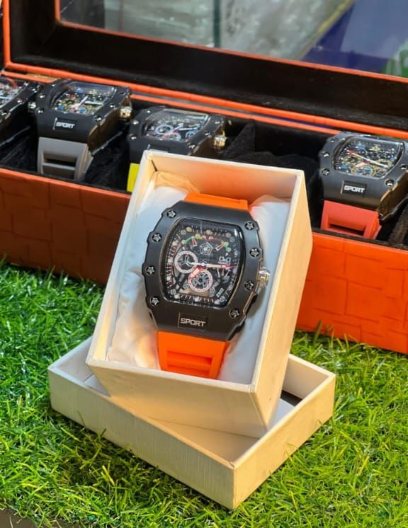 Richard Sport Tonneau Skeleton Watch - Orange Silicone Strap