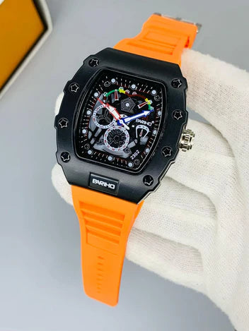 Richard Sport Tonneau Skeleton Watch - Orange Silicone Strap