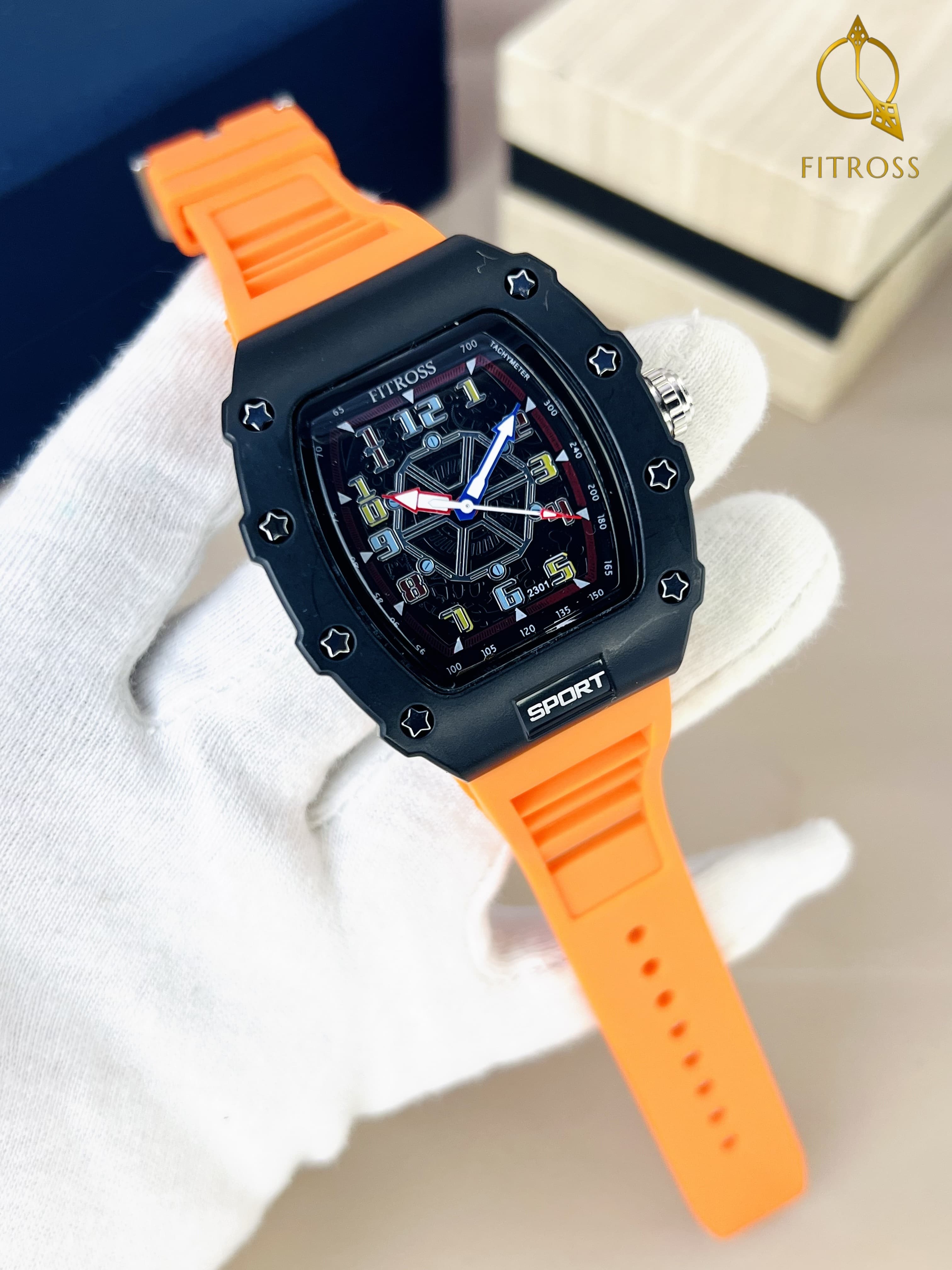 Richard Sport Tonneau Skeleton Watch - Orange Silicone Strap