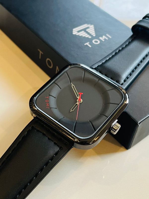 Tomi T-093 watch featuring a square dial and a black  leather strap.