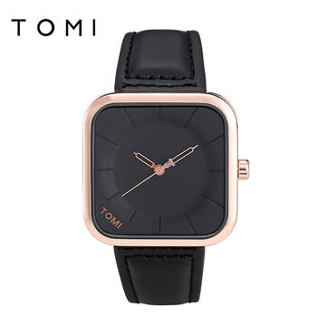 Tomi T-093 watch featuring a square dial and a black  leather strap.