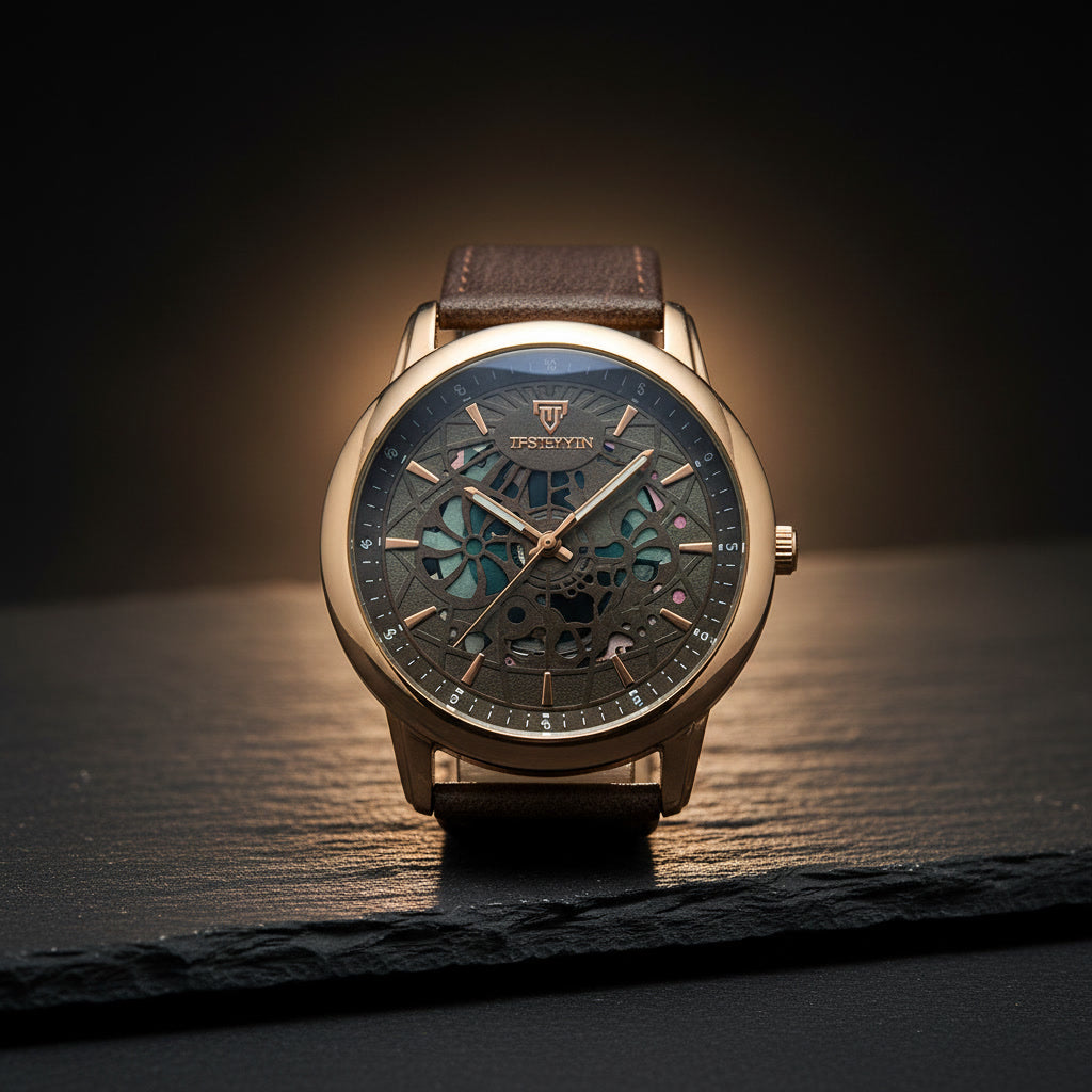 The WINNER Apex Skeleton – Rose Gold & Espresso Leather