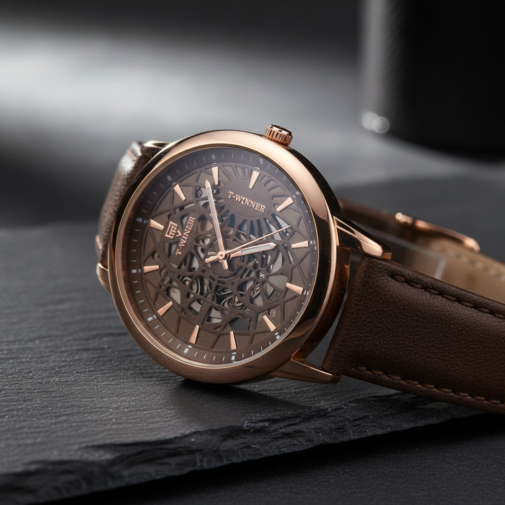 The WINNER Apex Skeleton – Rose Gold & Espresso Leather
