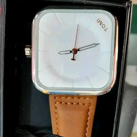 Tomi T-093 watch featuring a square dial and a brown leather strap.